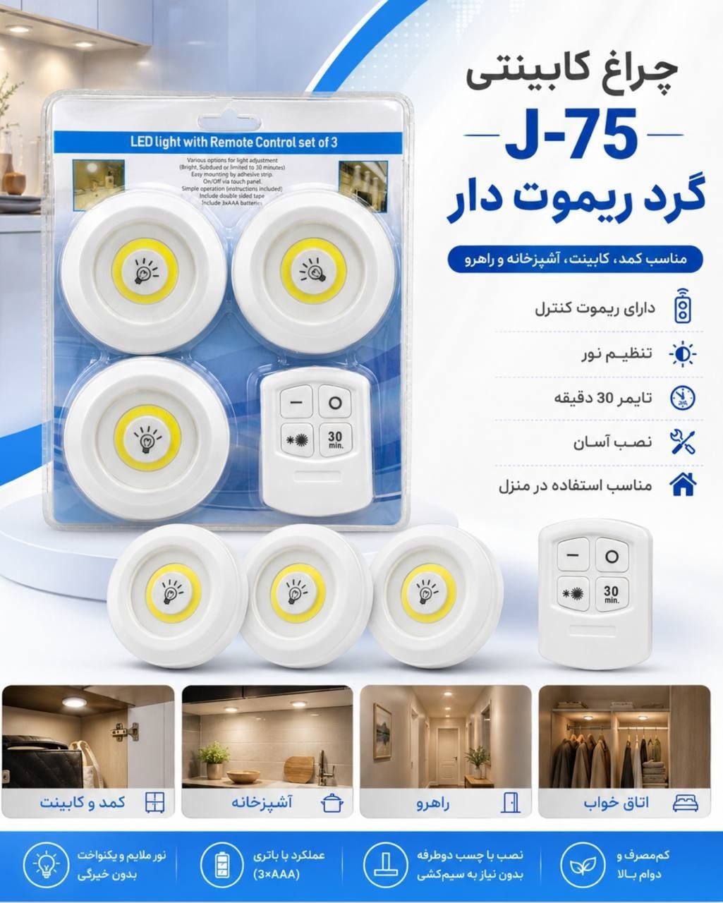 چراغ کابینتی j-57 گرد سه تایی ریموت دار